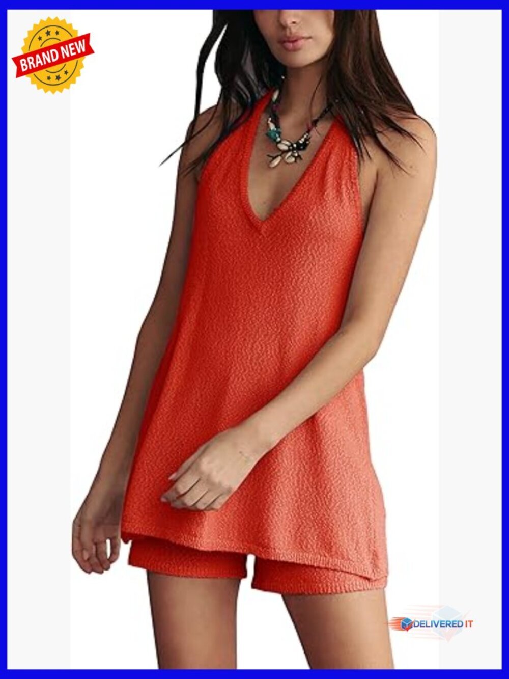 Knit 2 Piece Shorts Set Backless Halter Crop Top Lounge Beach Outfit